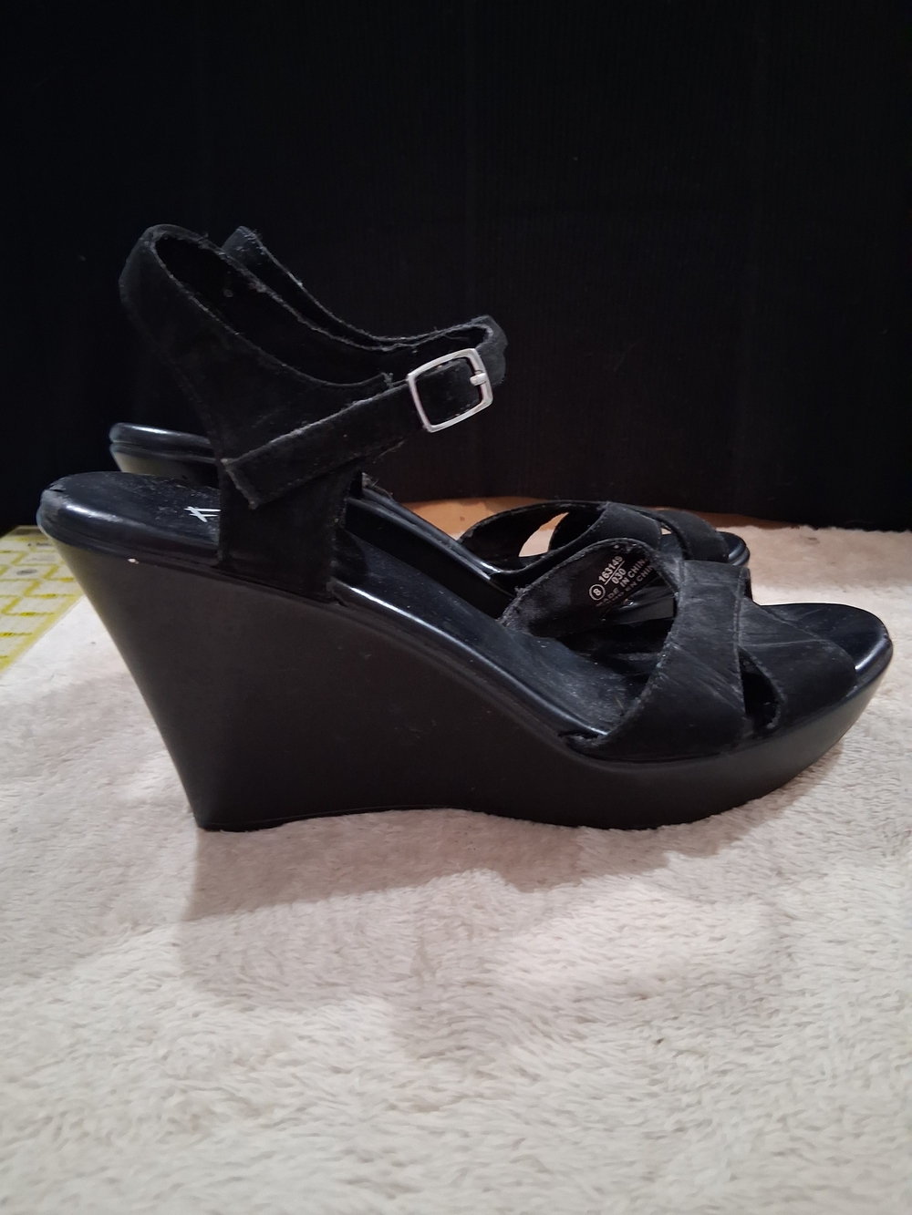 FIONI Clothing Black Suede Wedge Sandals with Ankle Strap